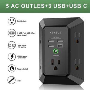 USB Wall Charger, Surge Protector, 5 Outlet Extender